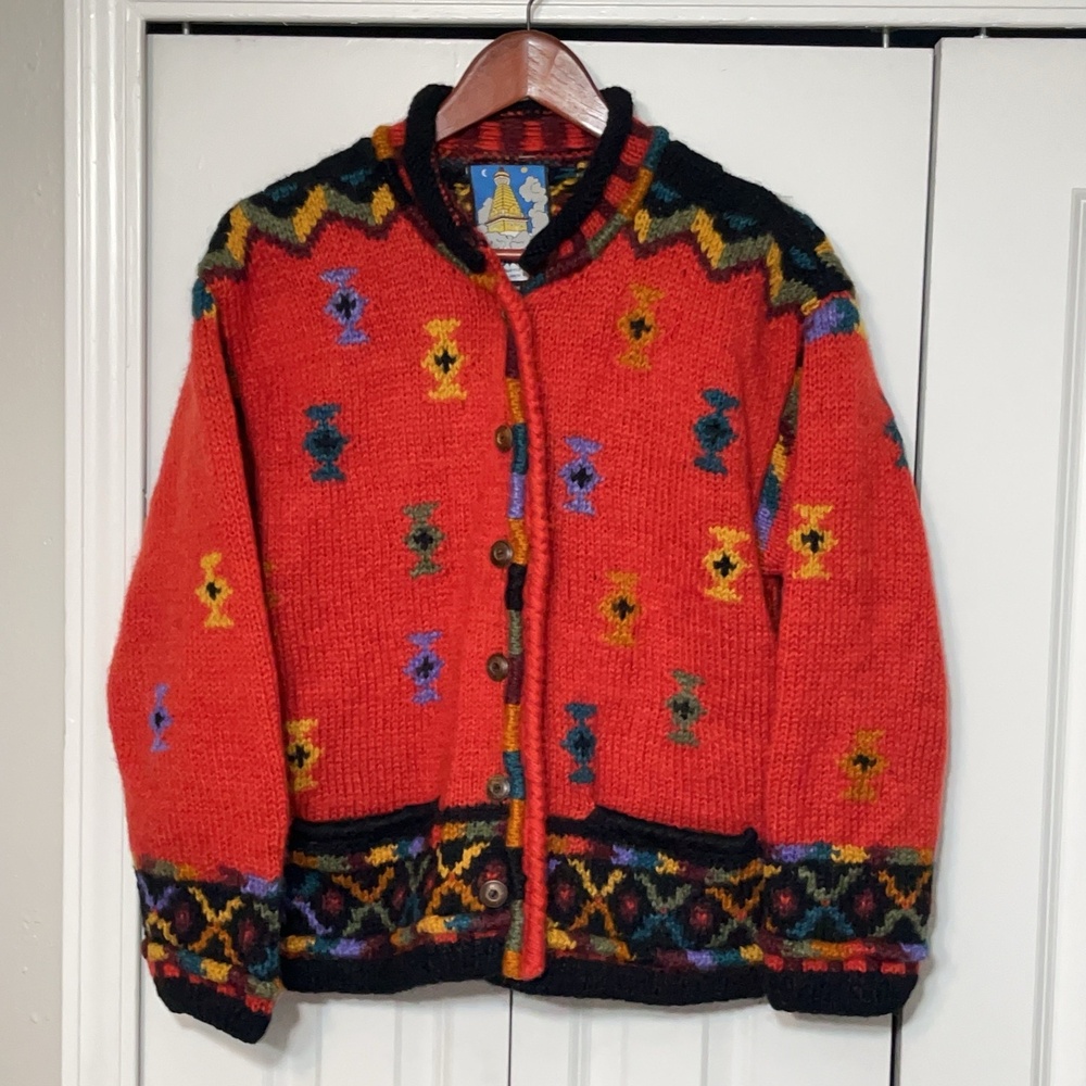 Newari Cardigan Sweater Vintage Orange Wool Tribal Chunky Knit Icelandic Nepal